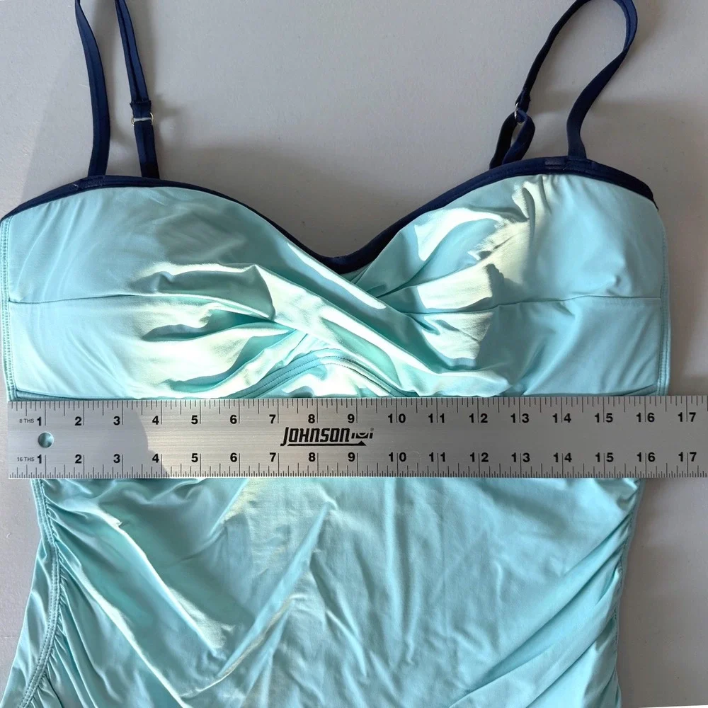 Tommy Bahama Aqua Blue Twist Front Tankini Top Navy Trim XL Swimwear
